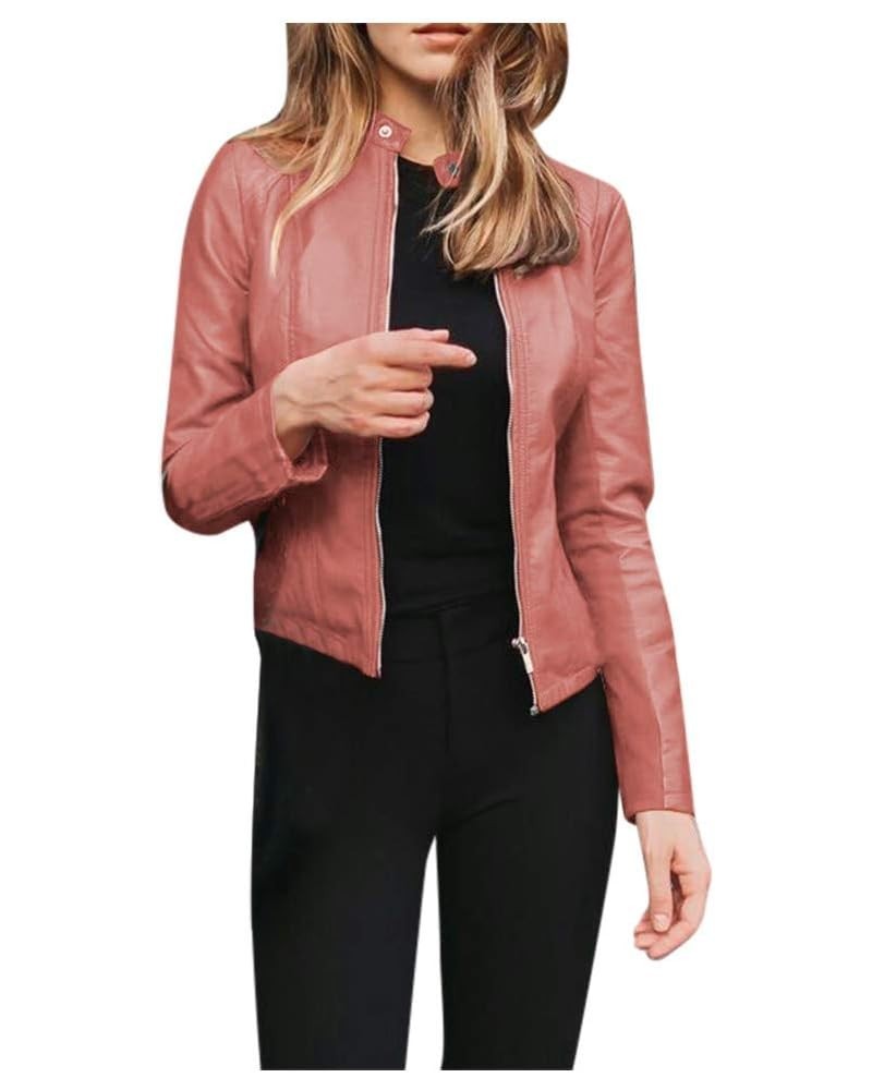 Leather Jacket for Women Lapel Motor Jacket Coat Zip Biker Short Punk Cropped Tops Pink $22.57 Jackets