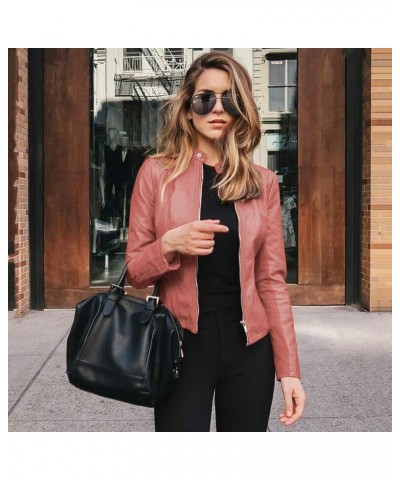 Leather Jacket for Women Lapel Motor Jacket Coat Zip Biker Short Punk Cropped Tops Pink $22.57 Jackets