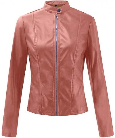 Leather Jacket for Women Lapel Motor Jacket Coat Zip Biker Short Punk Cropped Tops Pink $22.57 Jackets