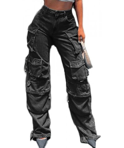 Womens High Waisted Baggy Cargo Jeans Straight Wide Leg Y2K Cargo Denim Pants with Flap Pockets Dark Grey $32.39 Jeans