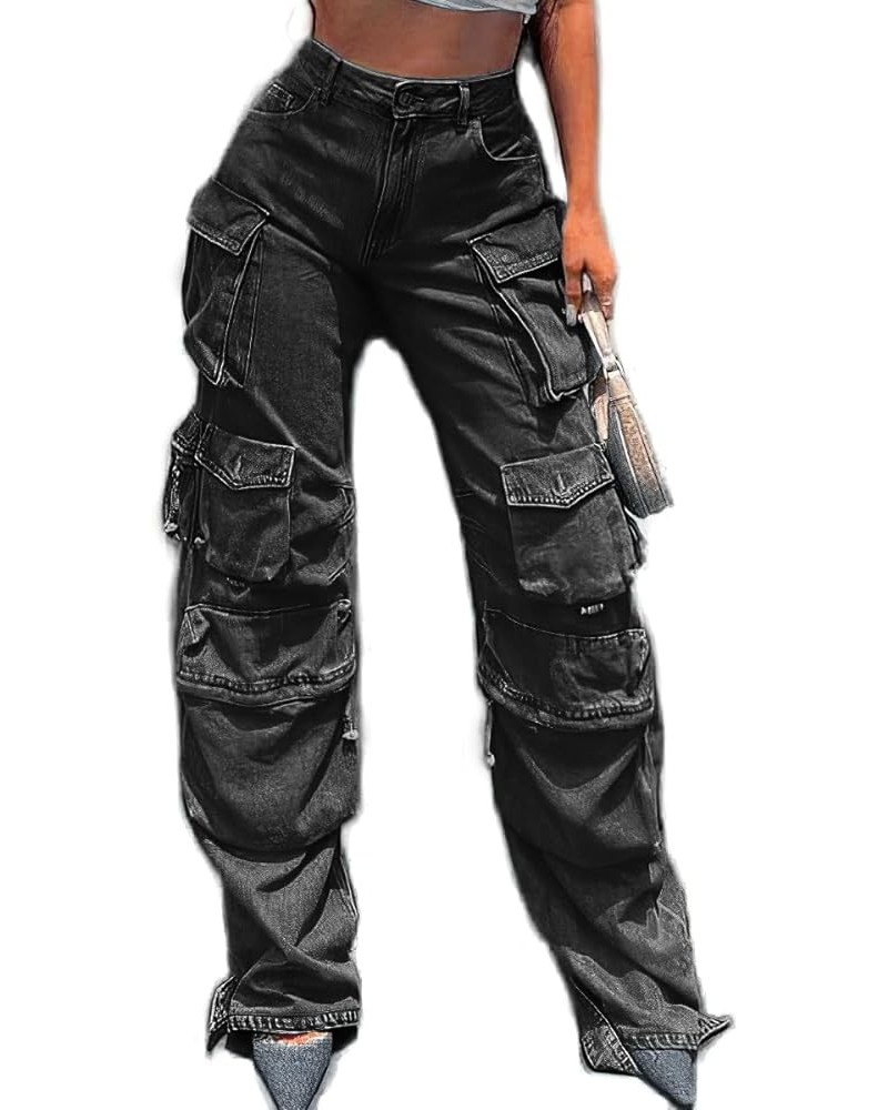 Womens High Waisted Baggy Cargo Jeans Straight Wide Leg Y2K Cargo Denim Pants with Flap Pockets Dark Grey $32.39 Jeans