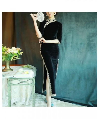 Women's Deluxe Corduroy Long Cheongsam Dress Vintage Half Sleeve Side Slit Chinese Qipao 955 Black $17.10 Dresses