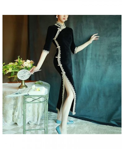 Women's Deluxe Corduroy Long Cheongsam Dress Vintage Half Sleeve Side Slit Chinese Qipao 955 Black $17.10 Dresses