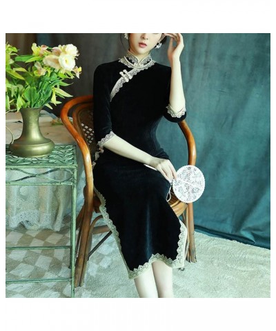 Women's Deluxe Corduroy Long Cheongsam Dress Vintage Half Sleeve Side Slit Chinese Qipao 955 Black $17.10 Dresses