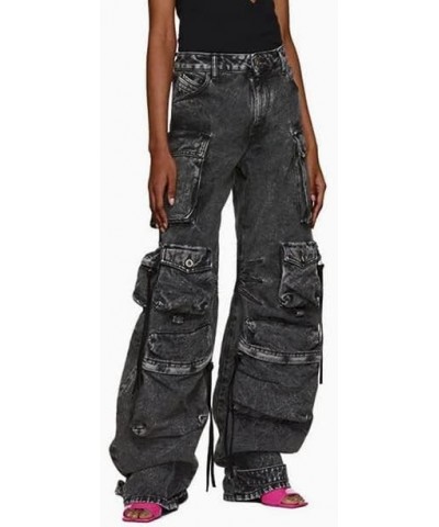 Womens High Waisted Baggy Cargo Jeans Straight Wide Leg Y2K Cargo Denim Pants with Flap Pockets Dark Grey $32.39 Jeans