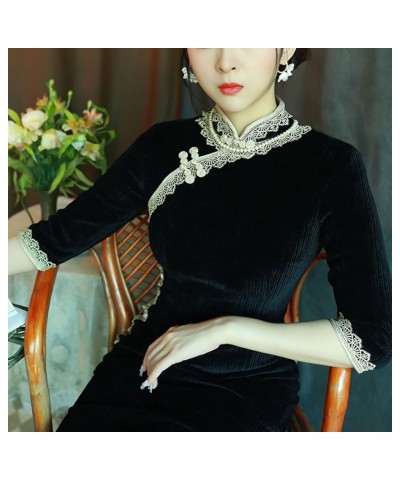 Women's Deluxe Corduroy Long Cheongsam Dress Vintage Half Sleeve Side Slit Chinese Qipao 955 Black $17.10 Dresses