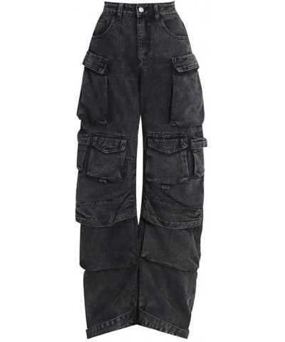 Womens High Waisted Baggy Cargo Jeans Straight Wide Leg Y2K Cargo Denim Pants with Flap Pockets Dark Grey $32.39 Jeans