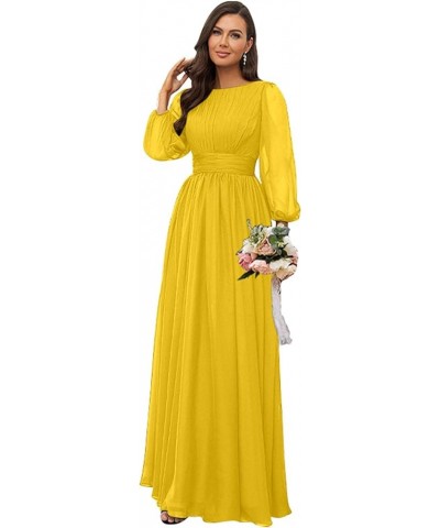 Women's Crew Neck Bridesmaid Dresses Long Sleeves Chiffon Pleated Formal Party Gown Mustard Yellow $29.69 Dresses