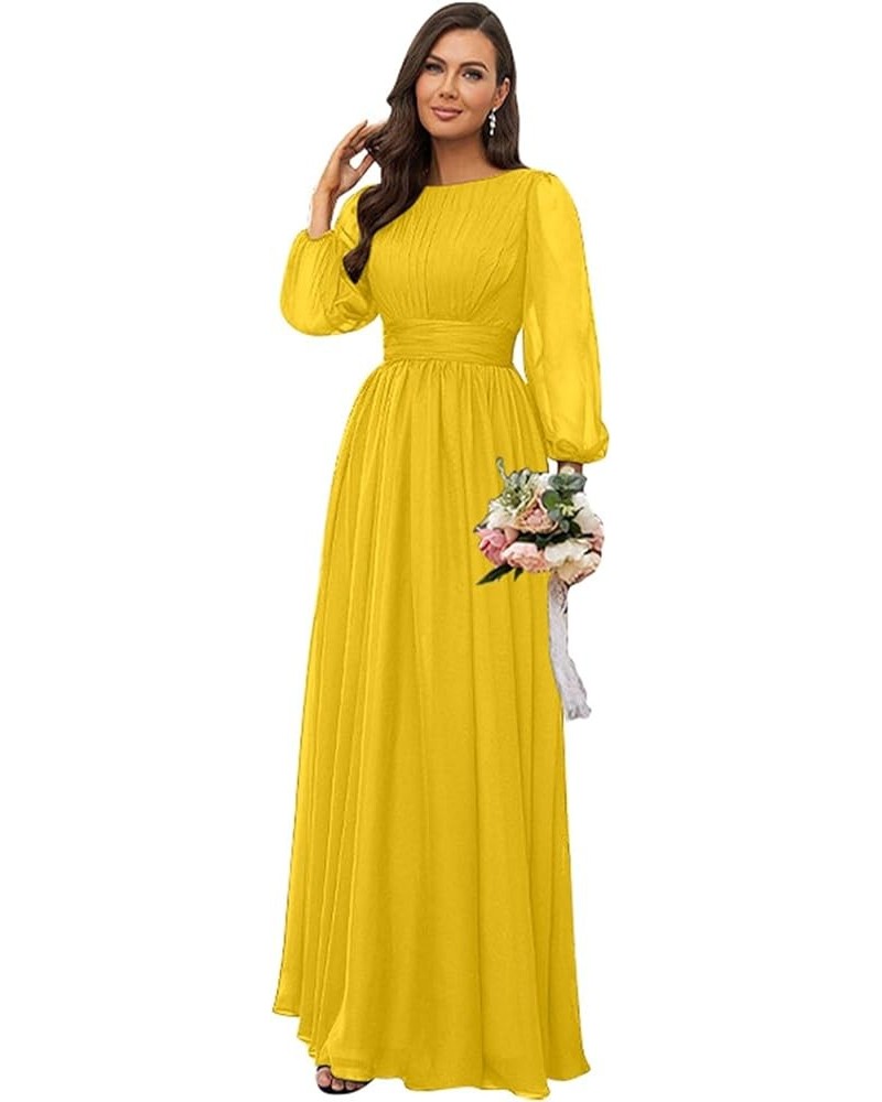 Women's Crew Neck Bridesmaid Dresses Long Sleeves Chiffon Pleated Formal Party Gown Mustard Yellow $29.69 Dresses