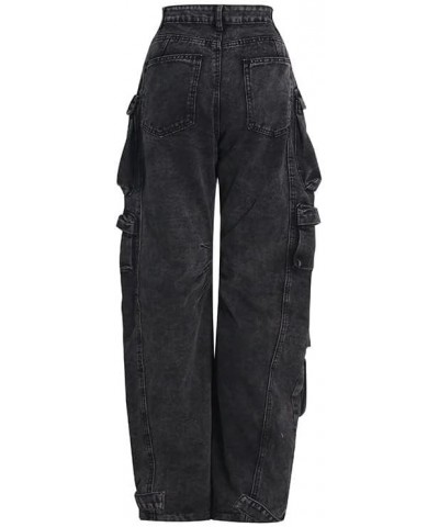 Womens High Waisted Baggy Cargo Jeans Straight Wide Leg Y2K Cargo Denim Pants with Flap Pockets Dark Grey $32.39 Jeans