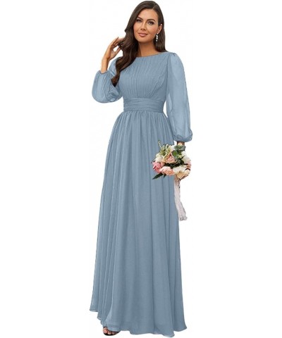 Women's Crew Neck Bridesmaid Dresses Long Sleeves Chiffon Pleated Formal Party Gown Mustard Yellow $29.69 Dresses