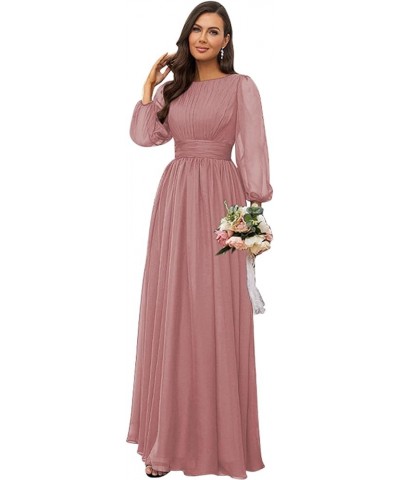 Women's Crew Neck Bridesmaid Dresses Long Sleeves Chiffon Pleated Formal Party Gown Mustard Yellow $29.69 Dresses