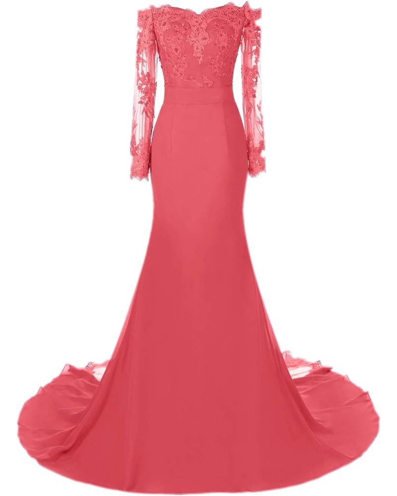 Women's Mermaid Evening Party Gowns Lace Long Sleeve Bridesmaid Dresses Coral $37.60 Dresses