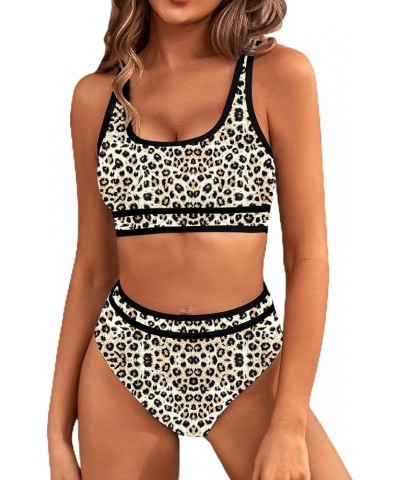 Women's High Waisted Bikini Sets Sporty Two Piece Swimsuits Color Block Cheeky High Cut Bathing Suits Print/Floral Leopard Pr...