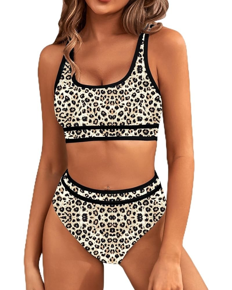 Women's High Waisted Bikini Sets Sporty Two Piece Swimsuits Color Block Cheeky High Cut Bathing Suits Print/Floral Leopard Pr...