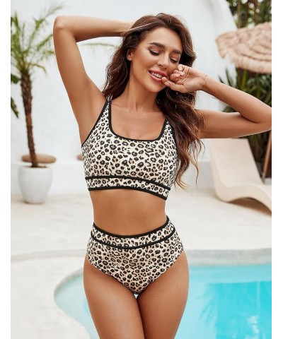 Women's High Waisted Bikini Sets Sporty Two Piece Swimsuits Color Block Cheeky High Cut Bathing Suits Print/Floral Leopard Pr...