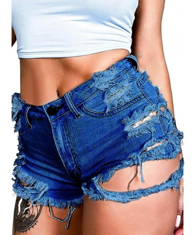 Women Summer Irregular Waist Jean Shorts with Pockets Frayed Ripped Holes Cute Sexy Hot Mini Denim Shorts Style 1 Dark Blue $...