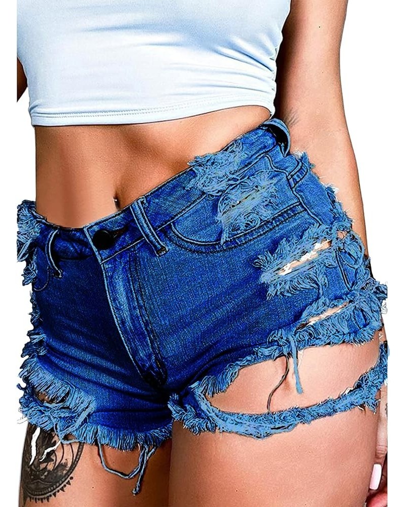 Women Summer Irregular Waist Jean Shorts with Pockets Frayed Ripped Holes Cute Sexy Hot Mini Denim Shorts Style 1 Dark Blue $...