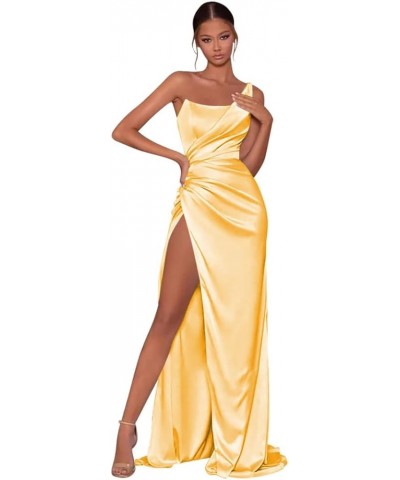 Women's Mermaid One Shoulder Prom Dress with Slit Long Ruched Satin Bridesmaid Dresses for Wedding Formal Party Gown Yellow $...