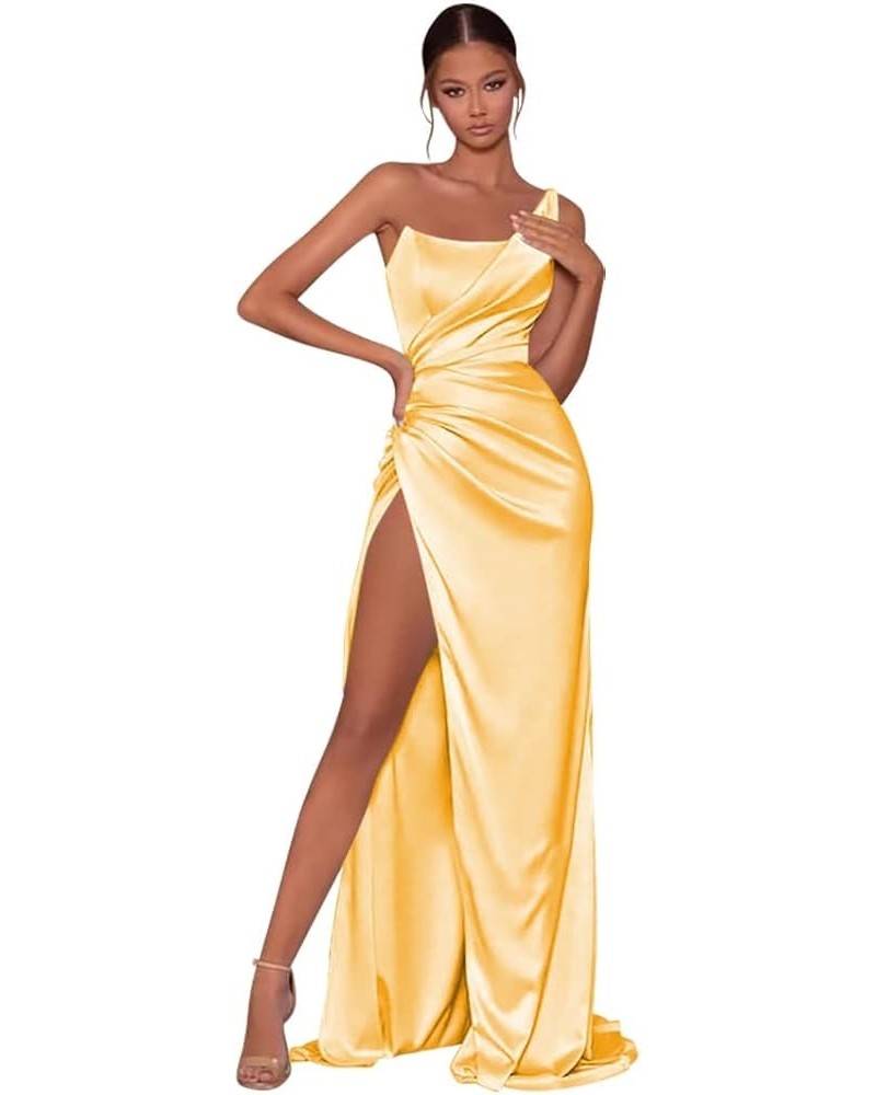 Women's Mermaid One Shoulder Prom Dress with Slit Long Ruched Satin Bridesmaid Dresses for Wedding Formal Party Gown Yellow $...