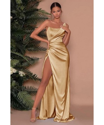 Women's Mermaid One Shoulder Prom Dress with Slit Long Ruched Satin Bridesmaid Dresses for Wedding Formal Party Gown Yellow $...