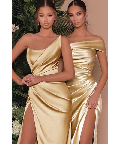 Women's Mermaid One Shoulder Prom Dress with Slit Long Ruched Satin Bridesmaid Dresses for Wedding Formal Party Gown Yellow $...