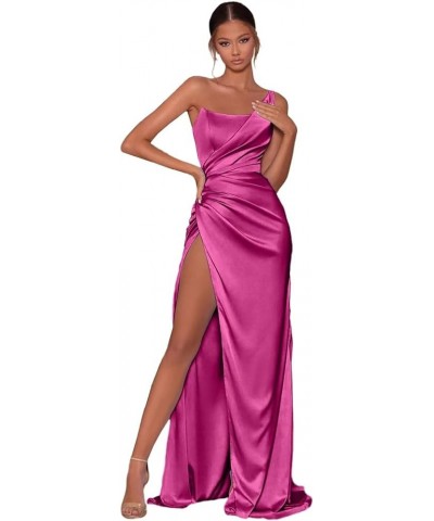 One Shoulder Satin Mermaid Prom Dresses for Women Ruched Long Bridesmaid Dress Formal Evening Gowns Fuchsia $32.40 Dresses