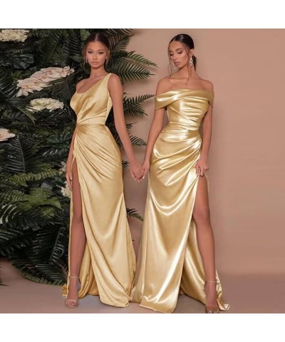 One Shoulder Satin Mermaid Prom Dresses for Women Ruched Long Bridesmaid Dress Formal Evening Gowns Fuchsia $32.40 Dresses