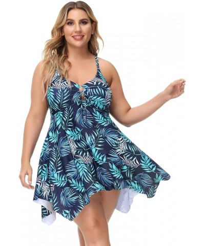 Two Piece Tankini Swimsuits for Women Plus Size Swimdress with Boyshorts Blue Leaves $12.50 Swimsuits