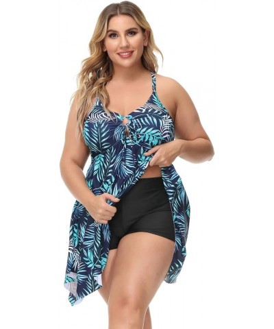 Two Piece Tankini Swimsuits for Women Plus Size Swimdress with Boyshorts Blue Leaves $12.50 Swimsuits