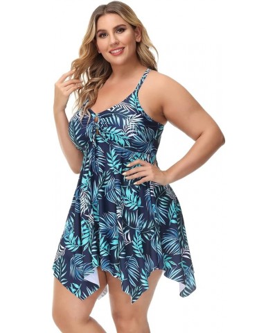 Two Piece Tankini Swimsuits for Women Plus Size Swimdress with Boyshorts Blue Leaves $12.50 Swimsuits