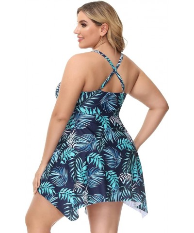 Two Piece Tankini Swimsuits for Women Plus Size Swimdress with Boyshorts Blue Leaves $12.50 Swimsuits