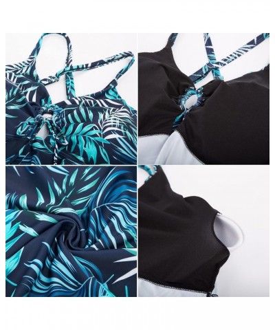 Two Piece Tankini Swimsuits for Women Plus Size Swimdress with Boyshorts Blue Leaves $12.50 Swimsuits