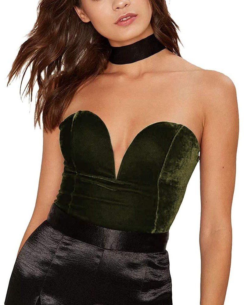 Women's Vintage Bandeau Back Lace up Velvet Bodysuit Jumpsuit Leotard Green $13.56 Lingerie