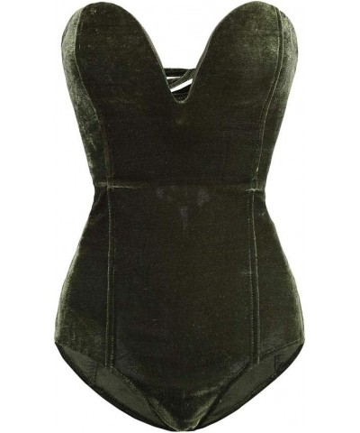 Women's Vintage Bandeau Back Lace up Velvet Bodysuit Jumpsuit Leotard Green $13.56 Lingerie