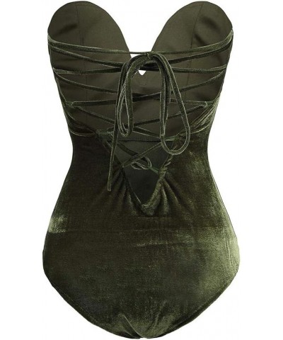 Women's Vintage Bandeau Back Lace up Velvet Bodysuit Jumpsuit Leotard Green $13.56 Lingerie