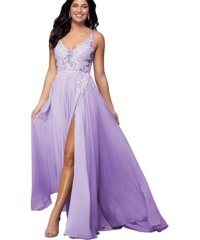 Women's V Neck Lace Appliqued Prom Dresses A-line High Slit Formal Evening Party Gowns Lilac $34.00 Dresses