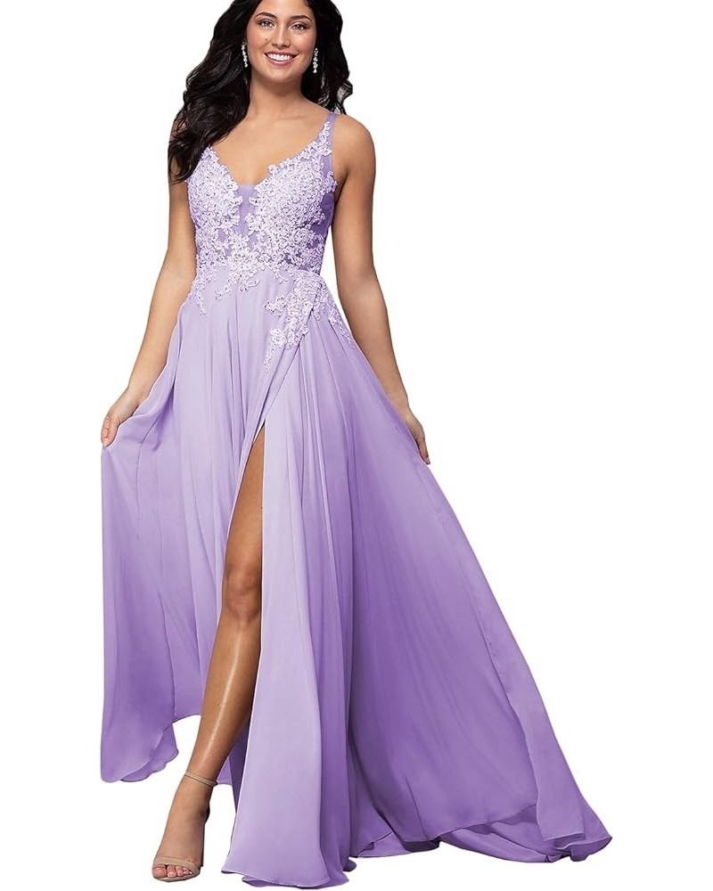 Women's V Neck Lace Appliqued Prom Dresses A-line High Slit Formal Evening Party Gowns Lilac $34.00 Dresses