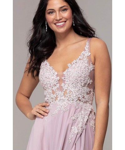 Women's V Neck Lace Appliqued Prom Dresses A-line High Slit Formal Evening Party Gowns Lilac $34.00 Dresses