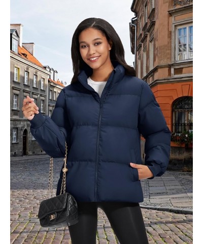 Women's Down Jacket Baggy Puffer Jackets Stand Collar Water-resistant Winter Padded Quilted Coat with Pockets Navy $34.07 Jac...