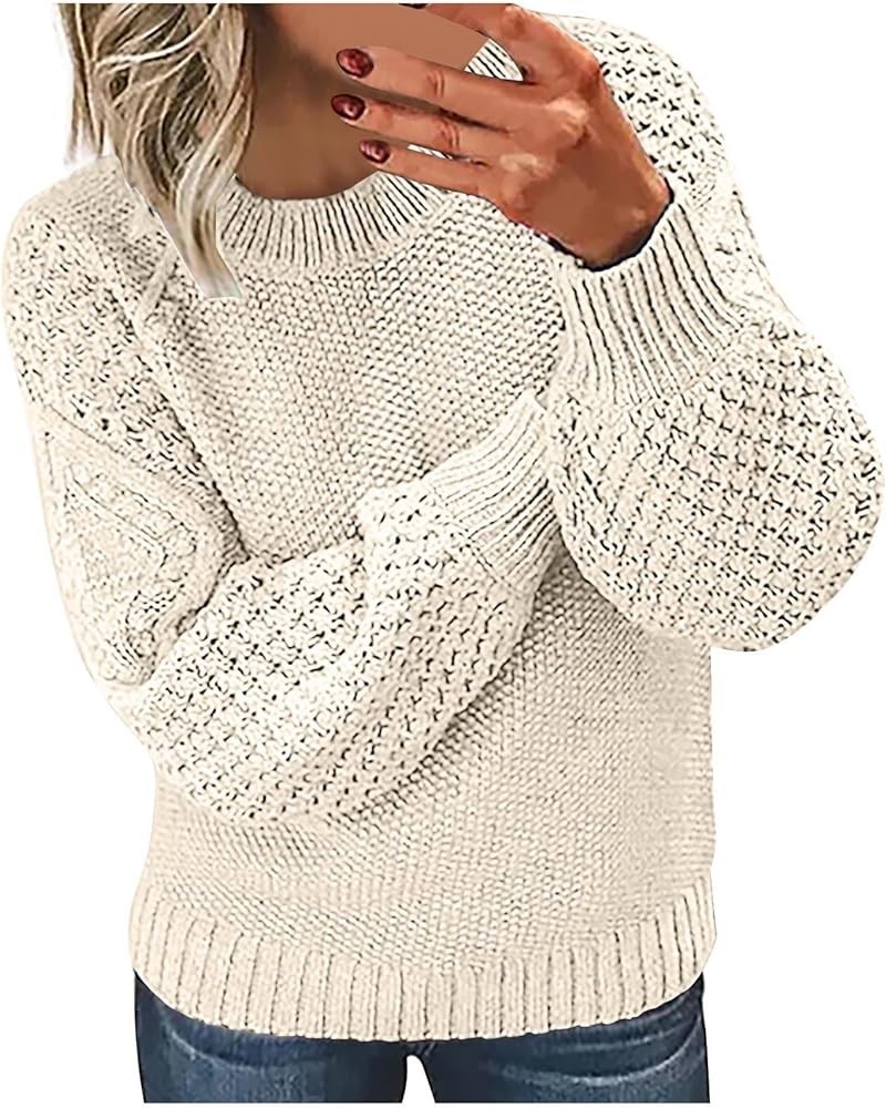 Women's Fall Winter Solid Outerwear Knitted Pullover Chunky Warm Knit Crewneck Long Sleeve Sweaters Knitwear Pullover Beige $...