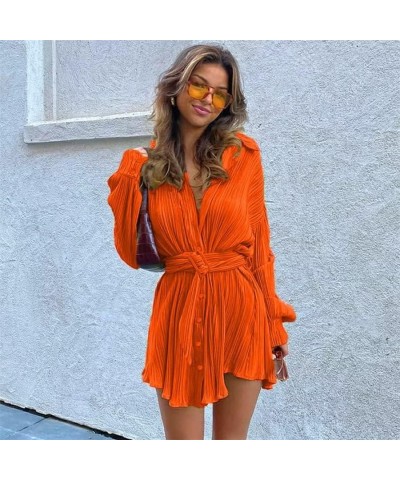 Women Sexy V Neck Dress Long Sleeve Pleated High Waist Lace Up Belted Tunic Tops Mini Shirt Dress 25orange $26.99 Dresses