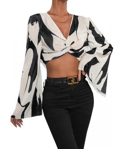 Women's Twist Front Deep V Neck Long Bell Sleeve Crop Blouse Top Plisse Shirt Black and White $7.79 Blouses