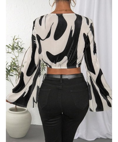 Women's Twist Front Deep V Neck Long Bell Sleeve Crop Blouse Top Plisse Shirt Black and White $7.79 Blouses