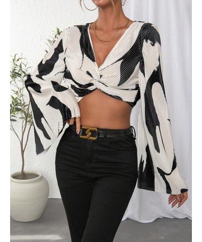 Women's Twist Front Deep V Neck Long Bell Sleeve Crop Blouse Top Plisse Shirt Black and White $7.79 Blouses