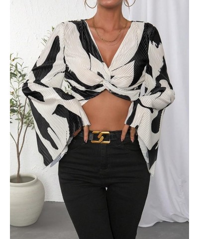 Women's Twist Front Deep V Neck Long Bell Sleeve Crop Blouse Top Plisse Shirt Black and White $7.79 Blouses