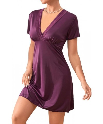 Women's Lace Nightgowns Wrap V Neck Sleepshirt Short Sleeves Sleepwear Dress Solid Purple $12.50 Lingerie