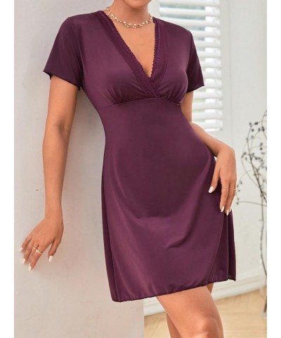 Women's Lace Nightgowns Wrap V Neck Sleepshirt Short Sleeves Sleepwear Dress Solid Purple $12.50 Lingerie