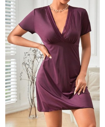 Women's Lace Nightgowns Wrap V Neck Sleepshirt Short Sleeves Sleepwear Dress Solid Purple $12.50 Lingerie