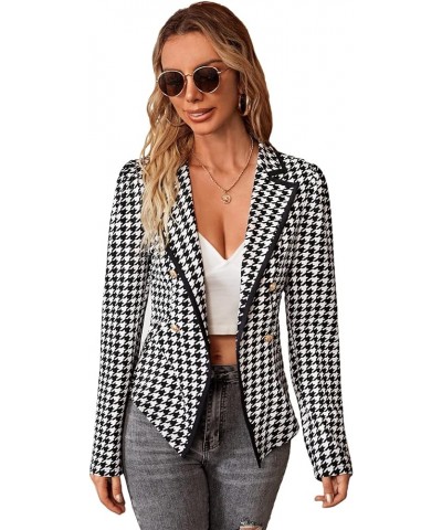 Women's Houndstooth Lapel Long Sleeve Elegant Coat Work Office Jackets Blazers Black and White $13.43 Blazers